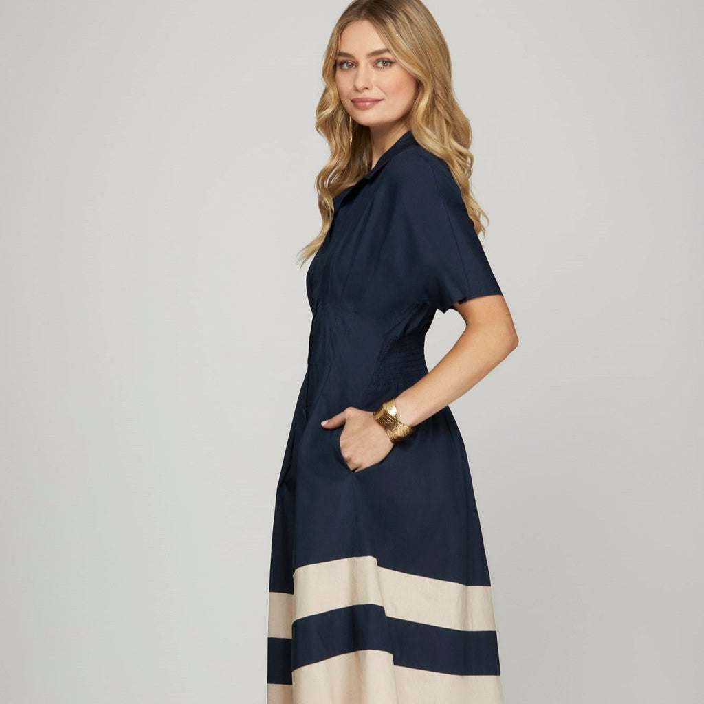 Navy/Ecru Short Sleeve Button Down Color Block Poplin Pleated Midi Dress -  Elle J. Boutique