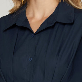 Navy/Ecru Short Sleeve Button Down Color Block Poplin Pleated Midi Dress - Elle J. Boutique - SHE + SKY