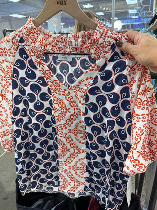 Navy/Red Mixed Short Sleeve Top