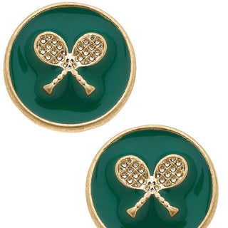 Chris Tennis Racket Enamel Circle Stud Earrings in Green