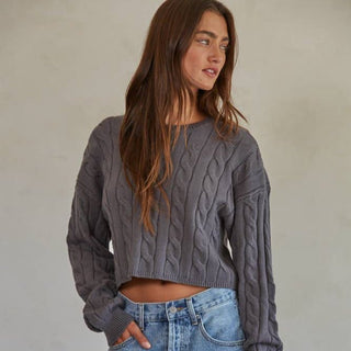 Cropped Knit Cable Sweater Charcoal - Elle J. Boutique - By Together