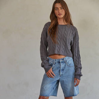 Cropped Knit Cable Sweater Charcoal - Elle J. Boutique - By Together