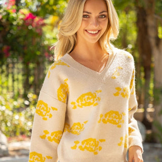 Deep V - Neck Yellow Rose Printed Sweater - Elle J. Boutique - Voy