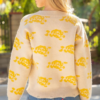 Deep V - Neck Yellow Rose Printed Sweater - Elle J. Boutique - Voy