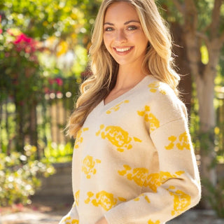 Deep V - Neck Yellow Rose Printed Sweater - Elle J. Boutique - Voy