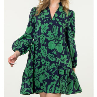Floral Print Long Sleeve Dress - Navy/Kelly Green - Elle J. Boutique - THML