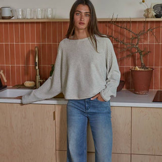 Knit Ribbed Round Neck Pullover Light Grey - Elle J. Boutique - By Together