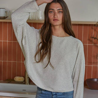 Knit Ribbed Round Neck Pullover Light Grey - Elle J. Boutique - By Together