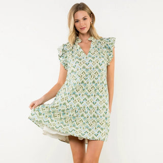 Multi Colored V - Neck Ruffle Sleeve Dress - Elle J. Boutique - THML