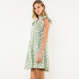Multi Colored V - Neck Ruffle Sleeve Dress - Elle J. Boutique - THML