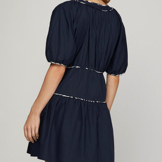Navy Puff Sleeve Contrast Piping Woven Dress - Elle J. Boutique - SHE + SKY