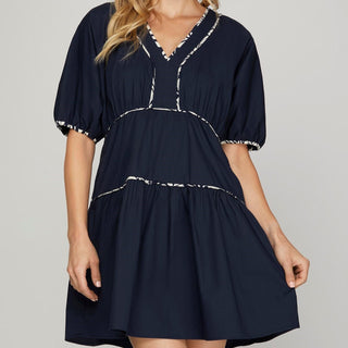 Navy Puff Sleeve Contrast Piping Woven Dress - Elle J. Boutique - SHE + SKY