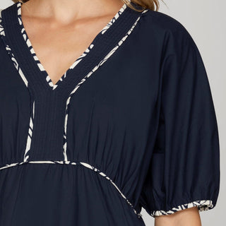 Navy Puff Sleeve Contrast Piping Woven Dress - Elle J. Boutique - SHE + SKY