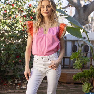 Pink Color Block Multi Stitched Placket Poplin Top - Elle J. Boutique - Voy