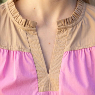 Pink Color Block Multi Stitched Placket Poplin Top - Elle J. Boutique - Voy