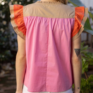 Pink Color Block Multi Stitched Placket Poplin Top - Elle J. Boutique - Voy