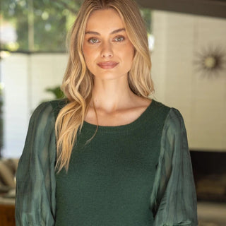 Pleated Puff Sleeve Round Neck Knit Top in Hunter Green - Elle J. Boutique - Voy