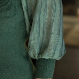 Pleated Puff Sleeve Round Neck Knit Top in Hunter Green - Elle J. Boutique - Voy