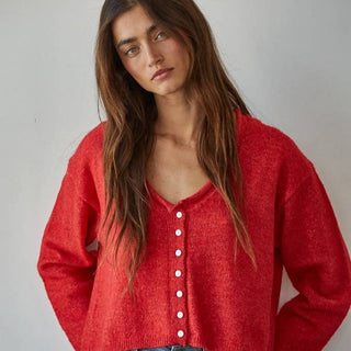 Rolled V - Neck Cardigan Red - Elle J. Boutique - By Together