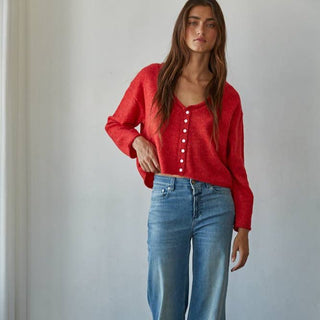 Rolled V - Neck Cardigan Red - Elle J. Boutique - By Together