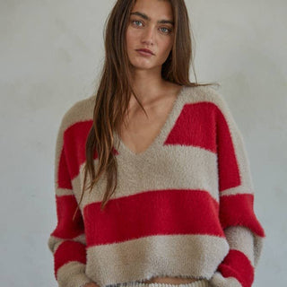 Striped Knit Sweater Red & Taupe - Elle J. Boutique - By Together