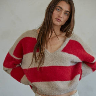 Striped Knit Sweater Red & Taupe - Elle J. Boutique - By Together