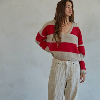 Striped Knit Sweater Red & Taupe - Elle J. Boutique - By Together