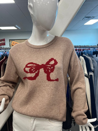 Taupe Sweater with Red Bow - Elle J. Boutique - Elle J. Boutique