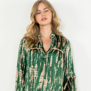 V - Neck Green and Tan Long Sleeve Top - Elle J. Boutique - THML