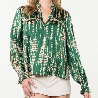 V - Neck Green and Tan Long Sleeve Top - Elle J. Boutique - THML