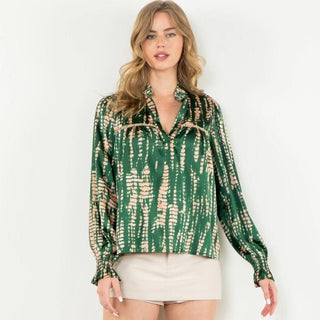 V - Neck Green and Tan Long Sleeve Top - Elle J. Boutique - THML