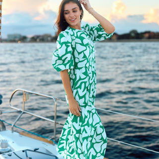 Whitney Dress Piece by Piece in White and Green - Elle J. Boutique - MARY SQUARE